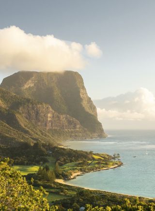 Scenic coastal views across Lord Howe Island to Mount Lidgbird and Mount Gower
