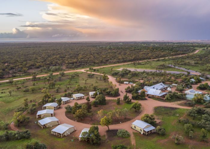 Aerial overlooking Mungo Lodge inside Mungo National Park, Outback NSW