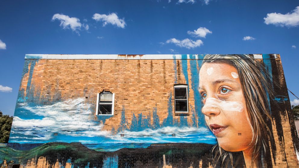 Street art adorning buildings in Katoomba, Blue Mountains