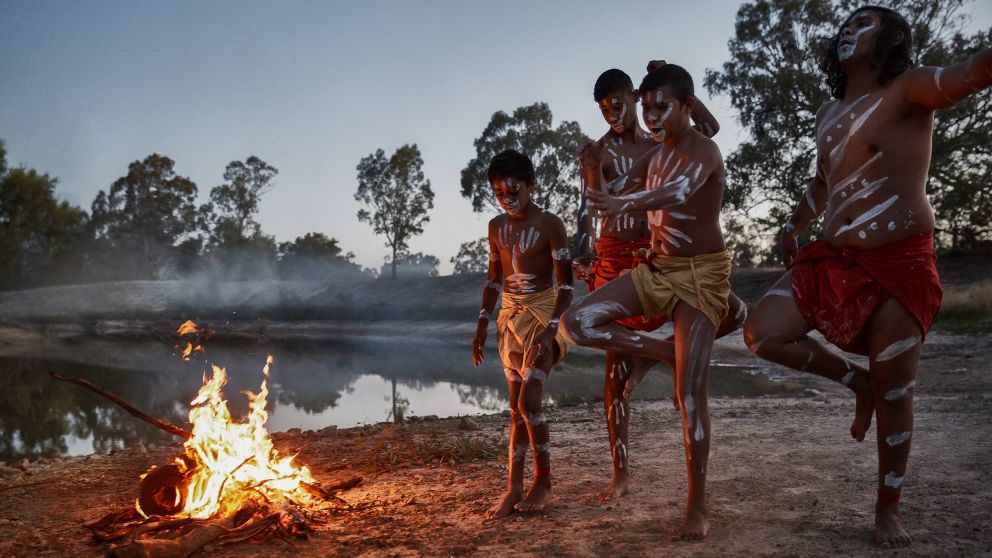 Males from the Barkindji nation dancing besides the Darling River, Wilcannia