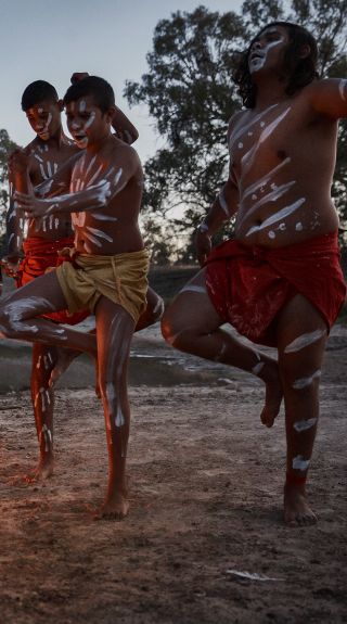Males from the Barkindji nation dancing besides the Darling River, Wilcannia